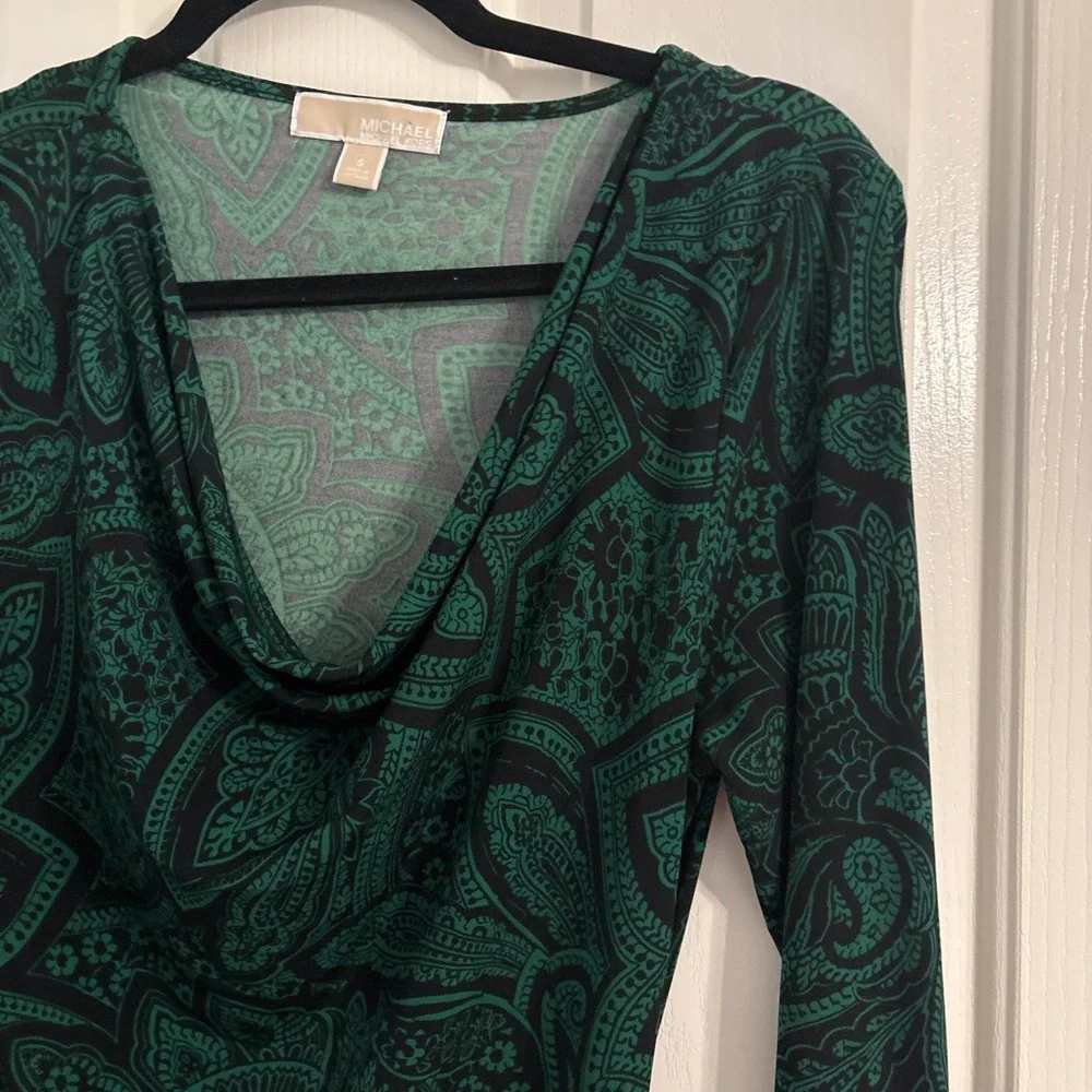Michael Kors Paisley Rouched Side Dress Midi Cowl Green Black Bodycon Size Small